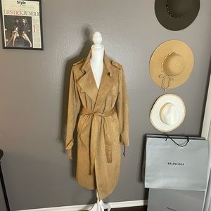 Camel Suede Trench Coat. Brand new never worn. Took tag off to shoot jacket.